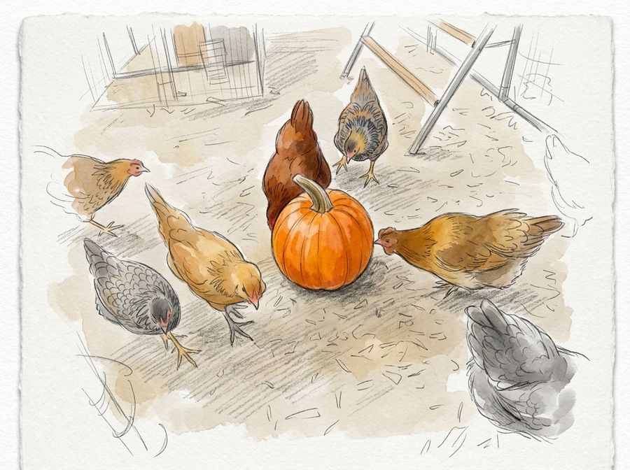 Pencil and watercolor sketch of a flock of backyard chickens gathered around an orange pumpkin.