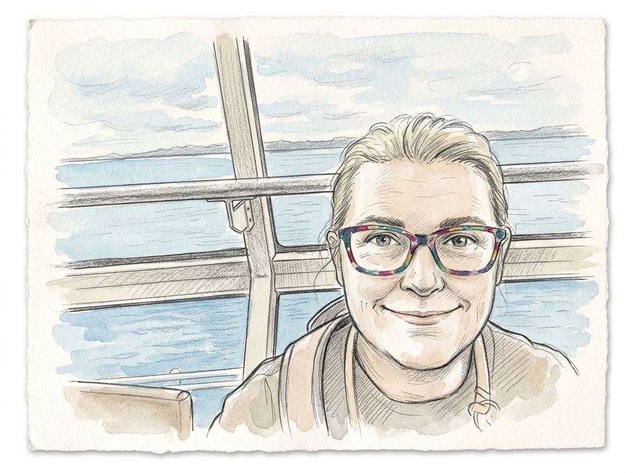 Pencil and watercolor sketch portrait of Shannon smiling with colorful glasses by the water.