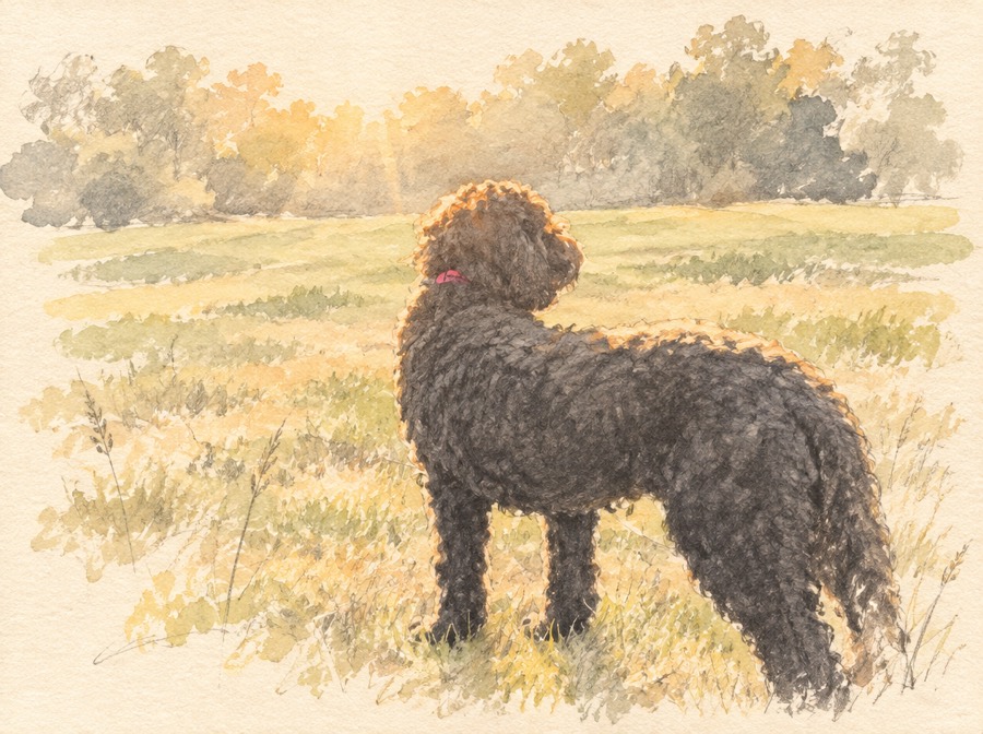 Watercolor of Zelda, a black curly dog, standing in a sunlit meadow.